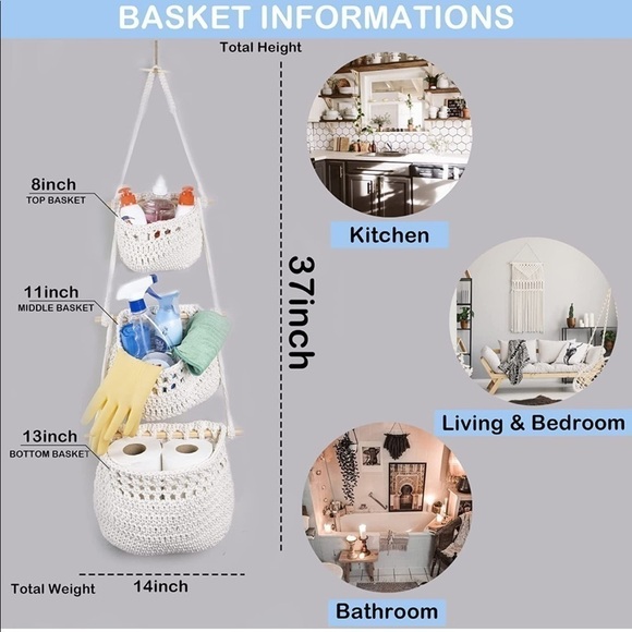 Brand New Handmade Macrame 3-Tier Hanging Fruit Basket Boho Storage Organizer - Picture 3 of 10